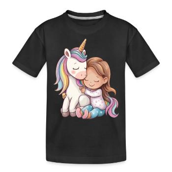 Niedliches kleines Mädchen kuschelt mit einem süßen Einhorn - Kinder Premium Bio T-Shirt - Schwarz - Vorne