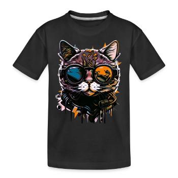 Cat face with whiskers hawaiian flair - Kids' Premium Organic T-Shirt - black - Front