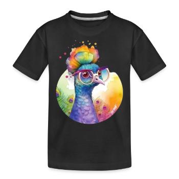Colorful cool peacock with glasses - Kids' Premium Organic T-Shirt - black - Front