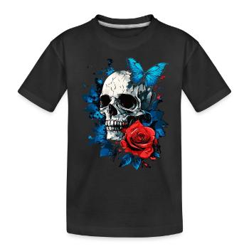 Totenkopf Totenschädel Schmetterling Rose Blume - Kinder Premium Bio T-Shirt - Schwarz - Vorne