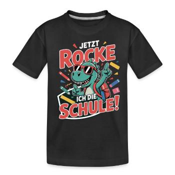 Dino T-Shirt Einschulung – Jetzt rocke ich Schule - Kinder Premium Bio T-Shirt - Schwarz - Vorne