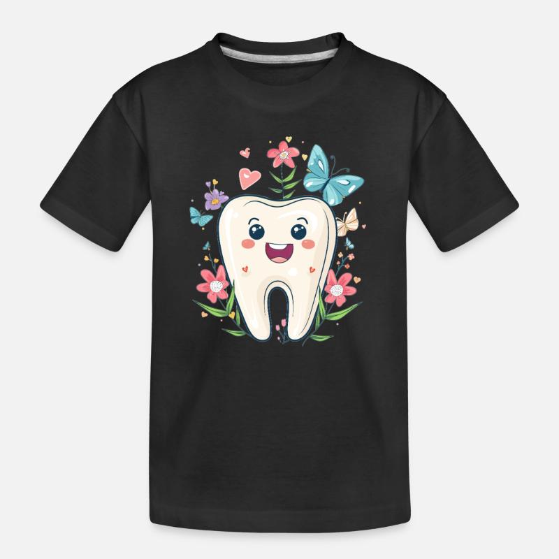 Dent heureuse avec des fleurs - T-shirt bio Premium Enfant - noir