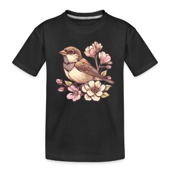 Spatz auf Blütenzweig - Kinder Premium Bio T-Shirt - Schwarz - Vorne