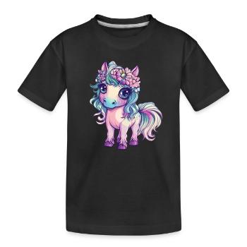 Poney arc-en-ciel avec des fleurs - T-shirt bio Premium Enfant - noir - Devant