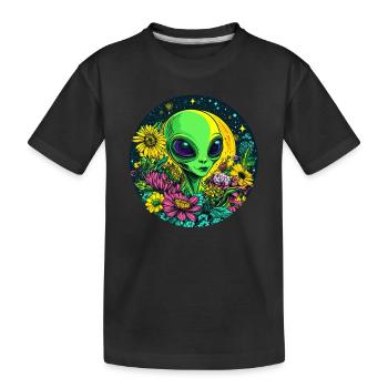 Alien with flower meadow - Kids' Premium Organic T-Shirt - black - Front