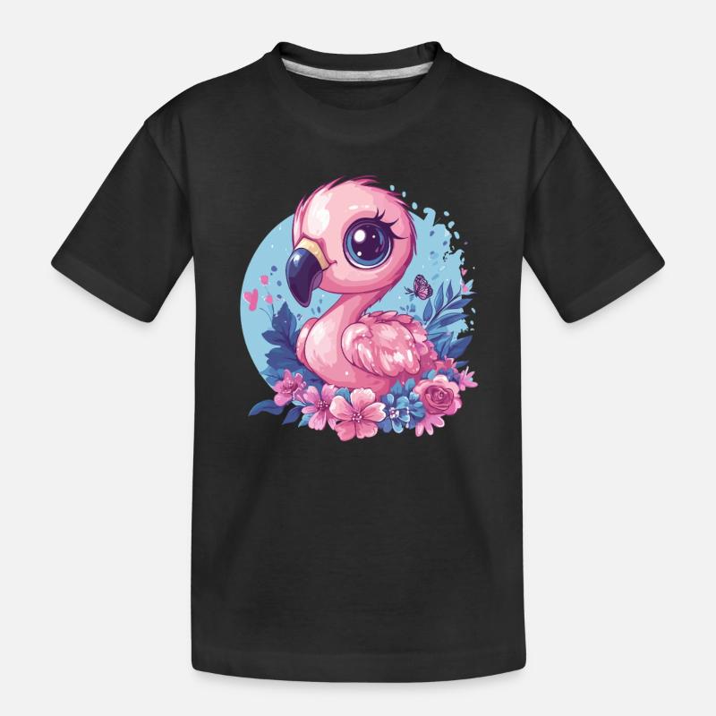 Flamingo mit Blumendeko - Kinder Premium Bio T-Shirt - Schwarz
