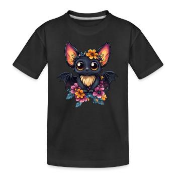 Fledermaus mit Blumenkranz - Kinder Premium Bio T-Shirt - Schwarz - Vorne