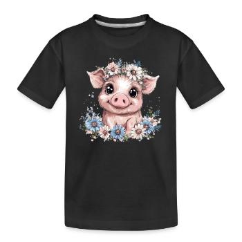 Schwein mit Blumenkranz - Kinder Premium Bio T-Shirt - Schwarz - Vorne