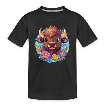 Bison mit Blumenkranz - Kinder Premium Bio T-Shirt - Schwarz - Vorne