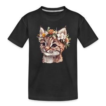 Wildkatze mit Blumenkranz - Kinder Premium Bio T-Shirt - Schwarz - Vorne