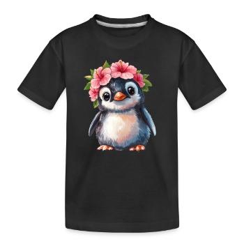 Pinguin mit Blütenkranz - Kinder Premium Bio T-Shirt - Schwarz - Vorne