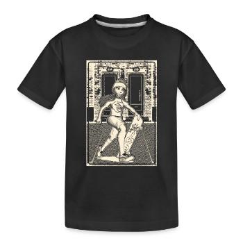 Girl with skateboard in front of brick masonry. - Kids' Premium Organic T-Shirt - black - Front