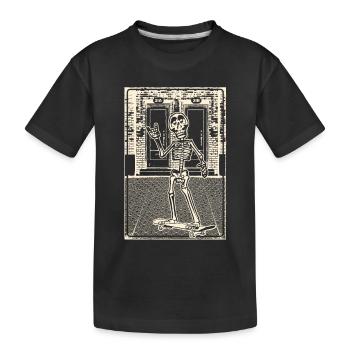 Skelett mit Skateboard vor Backsteinmauerwerk - Kinder Premium Bio T-Shirt - Schwarz - Vorne