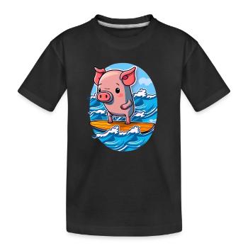 Cute pig surfing in the sea on surfboard surfing - Kids' Premium Organic T-Shirt - black - Front