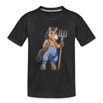 Pferd Landwirt Mistgabel Bauernhof - Kinder Premium Bio T-Shirt - Schwarz - Vorne