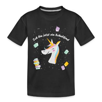 Schulkind Schulstart Einhorn Einschulung 2023 - Kinder Premium Bio T-Shirt - Schwarz - Vorne