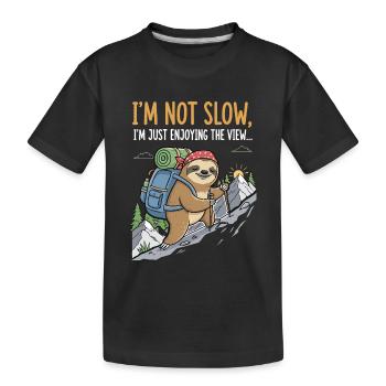 Faultier beim Bergsteigen mit Aussicht - Kinder Premium Bio T-Shirt - Schwarz - Vorne