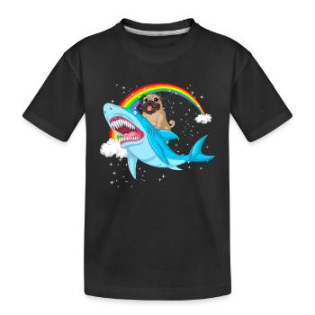 Mops reitet Hai Regenbogen - Kinder Premium Bio T-Shirt - Schwarz - Vorne