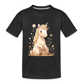 Zartes Einhorn im Blütenwald - Kinder Premium Bio T-Shirt - Schwarz - Vorne
