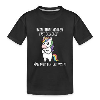 Fast gelächelt – Grummeliges Einhorn Morgenmuffel - Kinder Premium Bio T-Shirt - Schwarz - Vorne
