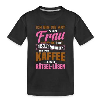 Zufrieden mir Kaffee und Rätsel lösen / Spruch - Kinder Premium Bio T-Shirt - Schwarz - Vorne