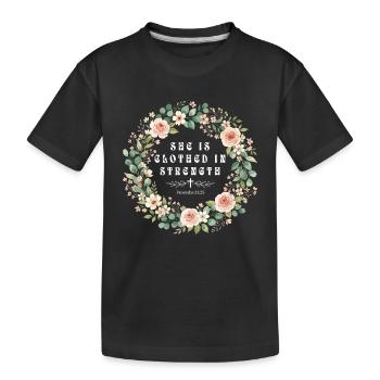 Clothed In Strength Christian Floral - Kids' Premium Organic T-Shirt - black - Front