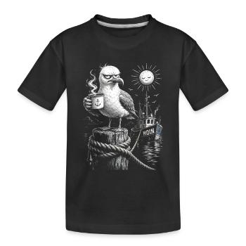 MOIN – Grummeliges Möwe mit Kaffee - Kinder Premium Bio T-Shirt - Schwarz - Vorne