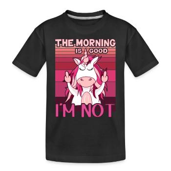 Böses Einhorn zeigt Mittelfinger. Morgenmuffel - Kinder Premium Bio T-Shirt - Schwarz - Vorne