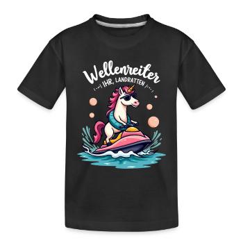 Pinker Einhorn Wellenreiter - Kinder Premium Bio T-Shirt - Schwarz - Vorne