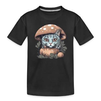 Katze sonnt sich im Sonnenlicht unter einem Pilz - Kinder Premium Bio T-Shirt - Schwarz - Vorne