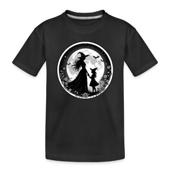 Hexe mit junger Hexe und Fledermäusen vorm Mond - Kinder Premium Bio T-Shirt - Schwarz - Vorne