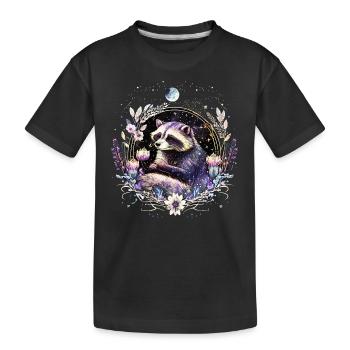 Little Raccoon, Moon, Flowers, Stars, Animals, - Kids' Premium Organic T-Shirt - black - Front
