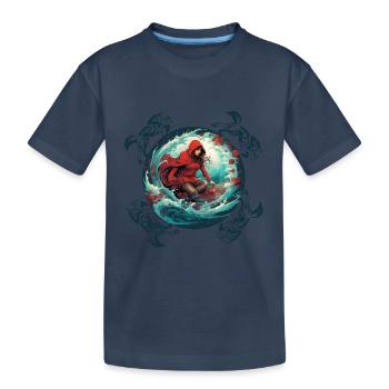 Le Petit Chaperon Rouge surfant sur planche de surf, loup sur vague - T-shirt bio Premium Enfant - bleu marine - Devant