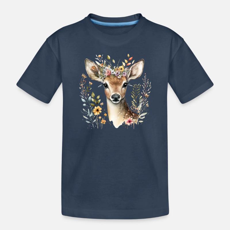 Reh mit Blumen - Kinder Premium Bio T-Shirt - Navy