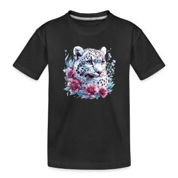 Leopardengesicht mit Blumenkranz - Kinder Premium Bio T-Shirt - Schwarz - Vorne