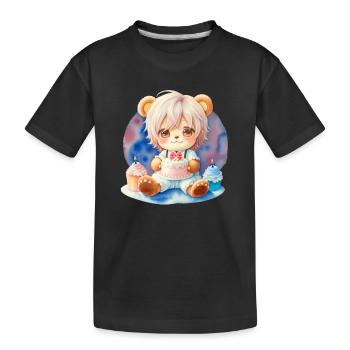 Chibi teddy bear boy with cake - Kids' Premium Organic T-Shirt - black - Front