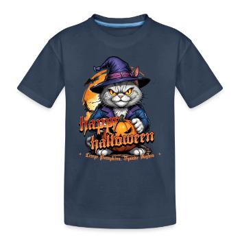 Chat d’Halloween avec citrouille - T-shirt bio Premium Enfant - bleu marine - Devant