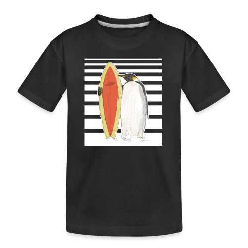 Pinguin mit Surfboard (Streifen) - Teenager Premium Bio T-Shirt