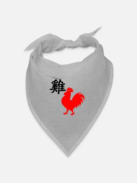 Chinesischer Schriftzeichen Hahn mit rotem Hahnbild, - Bandana Dreieckstuch - Grau meliert