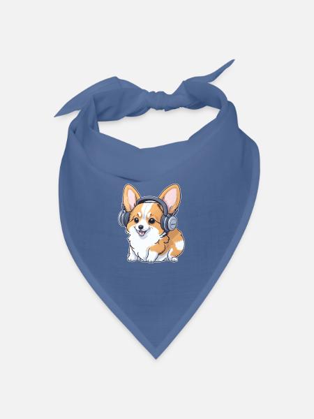 Corgi mit Kopfhörer - Bandana Dreieckstuch - Taubenblau