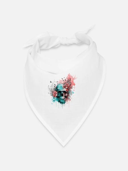 Totenkopf Totenschädel Rosen Blumen Aquarell Kunst - Bandana Dreieckstuch - Weiß