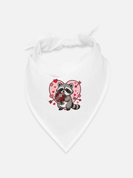 Kawaii Waschbär-Valentins-Blumenherz - Bandana Dreieckstuch - Weiß