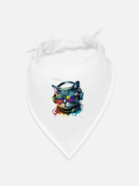 Katze Sonnenbrille Kopfhörer Splash Bunt Tier - Bandana Dreieckstuch - Weiß