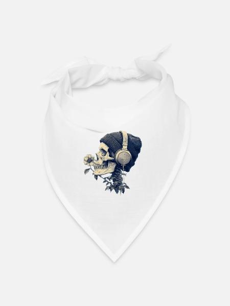 Schädel mit Kopfhörer und Blumen - Bandana Dreieckstuch - Weiß