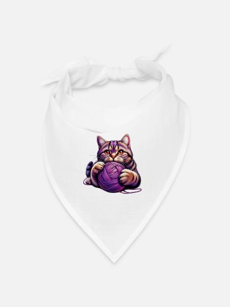 Katze spielt mit einem Wollknäuel - Bandana Dreieckstuch - Weiß
