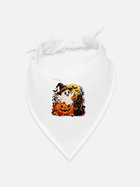 Süßer Halloween-Geist & Schwarze Katze - Bandana Dreieckstuch - Weiß