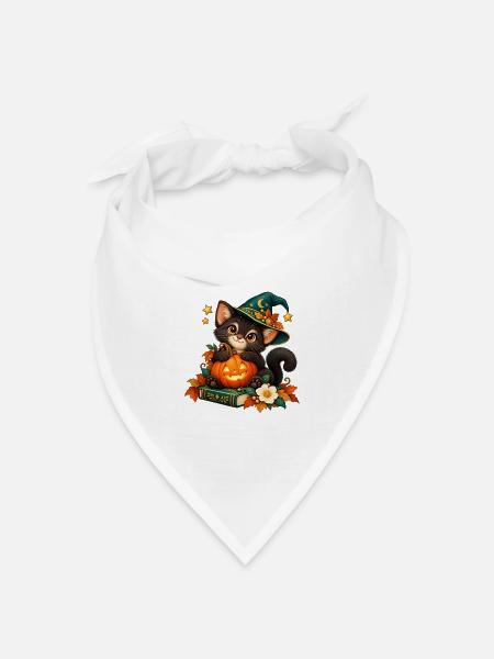 Halloween-Katze mit verzaubertem Kürbis - Bandana Dreieckstuch - Weiß
