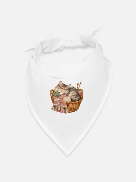 Schlafende Katze im Wollkorb – Stricken Geschenk - Bandana Dreieckstuch - Weiß