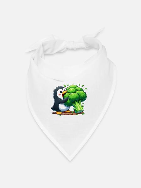 Süßer Pinguin mit Brokkoli Gemüse Vegan Cartoon - Bandana Dreieckstuch - Weiß
