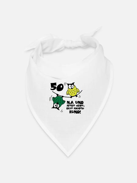 Geburtstag 50, Eulen am Drahtseil, rund - Bandana Dreieckstuch - Weiß